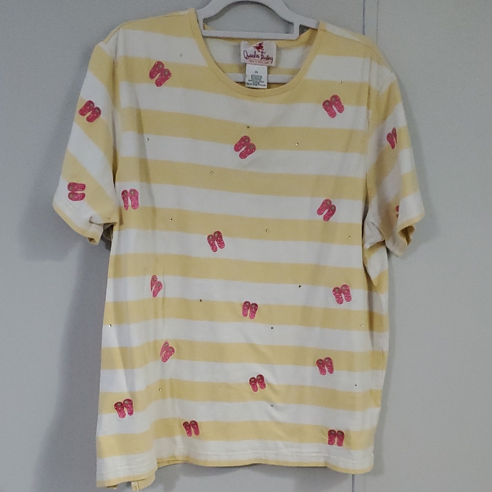 QUAKER FACTORY Yellow and White Striped Tee with Pink Flip-Flops and Sparkles